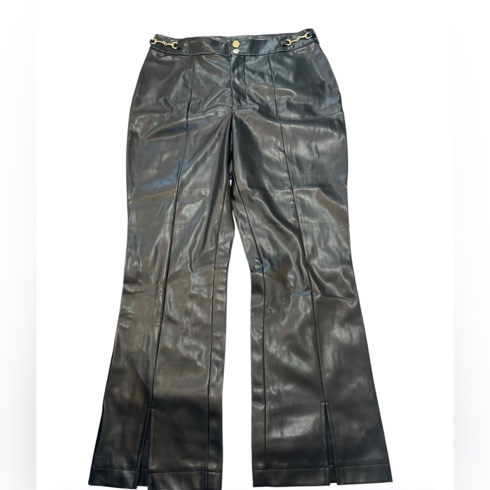 NWT Cache Black Faux Leather Flair Split Hem Pants Pockets Women’s Size 10